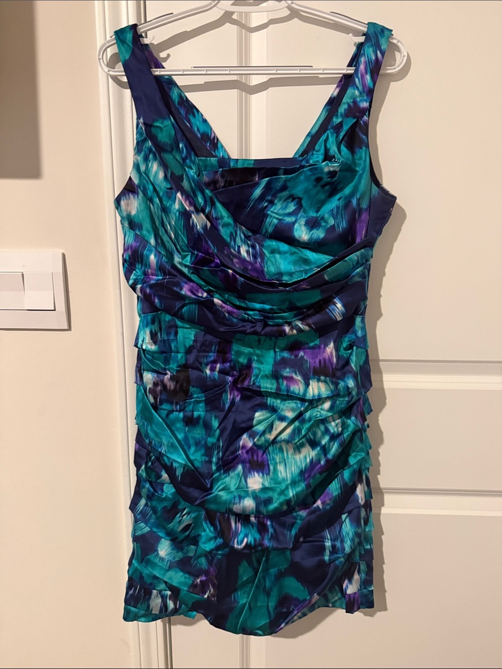 Express Teal, Turquoise & Navy Abstract Ruched Mini Dress